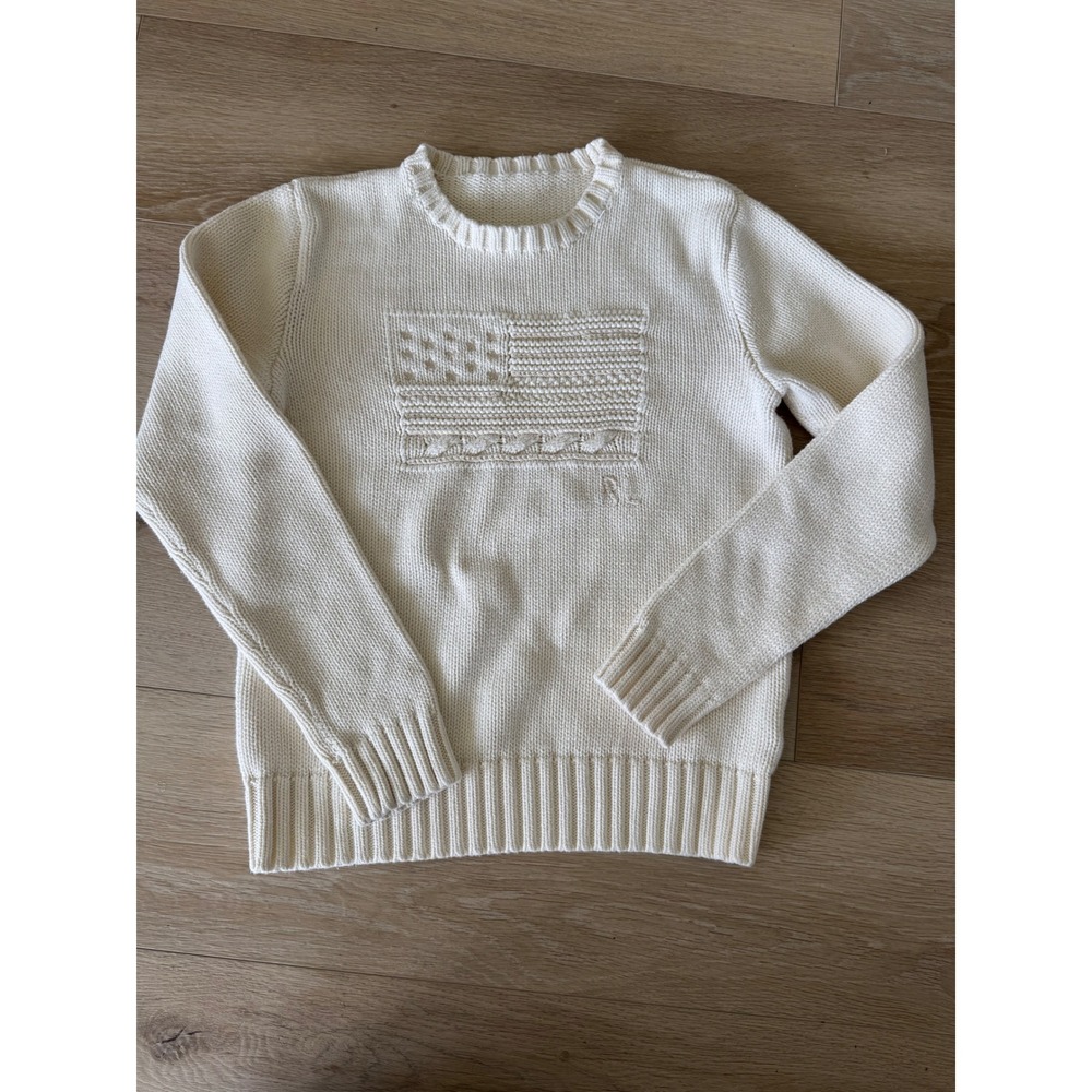 Polo Ralph Lauren Womens Cream Cotton American Flag Crewneck Sweater XS